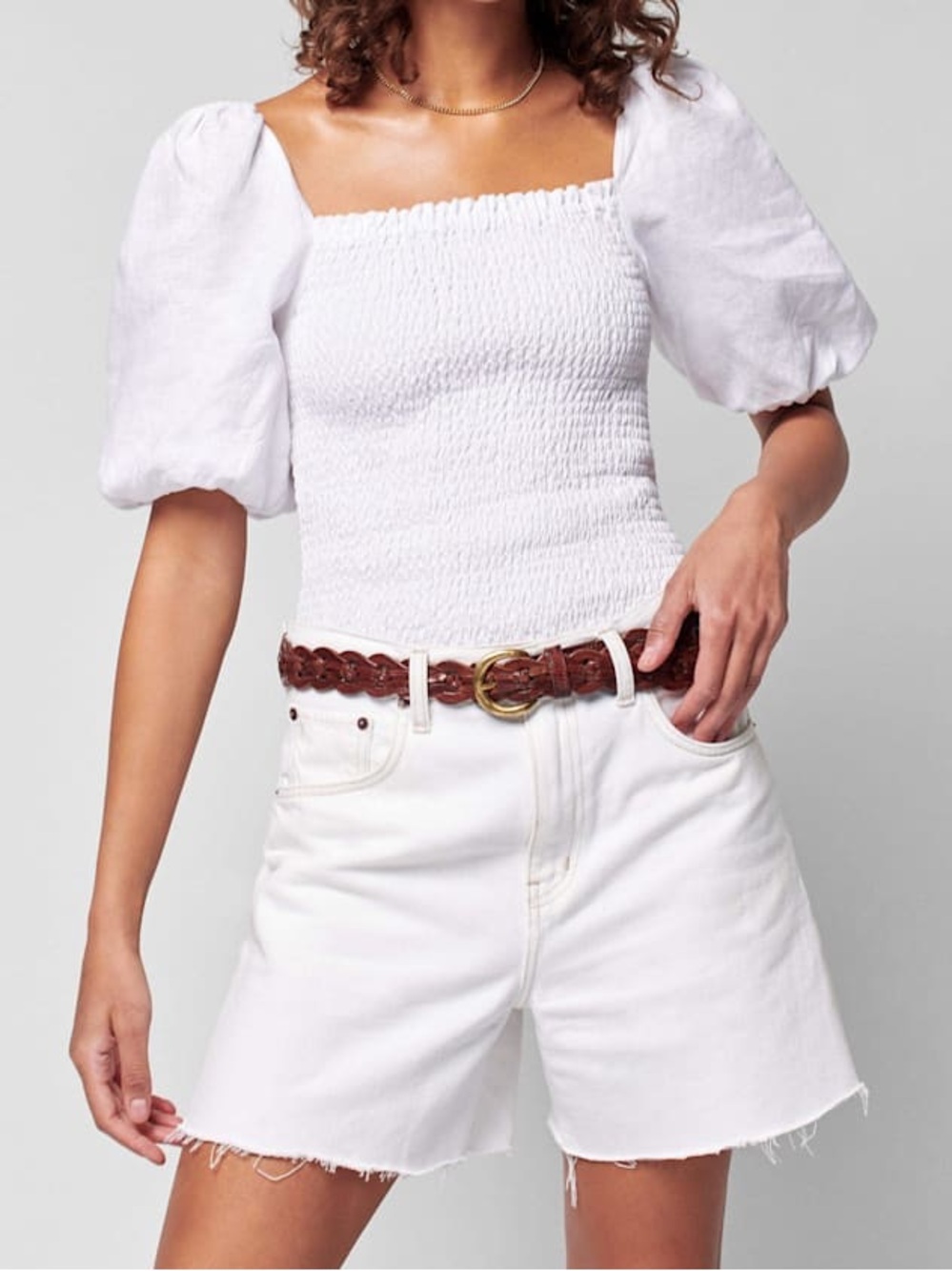 Faherty White Smocked linenPuff Sleeve Blouse
